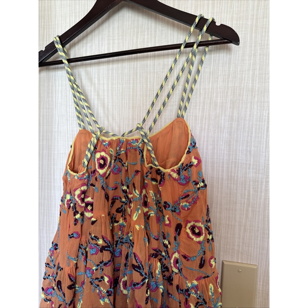 Kimchi Blue Orange Floral Embroidered Babydoll Mini Dress Braided Straps Small - Picture 9 of 11